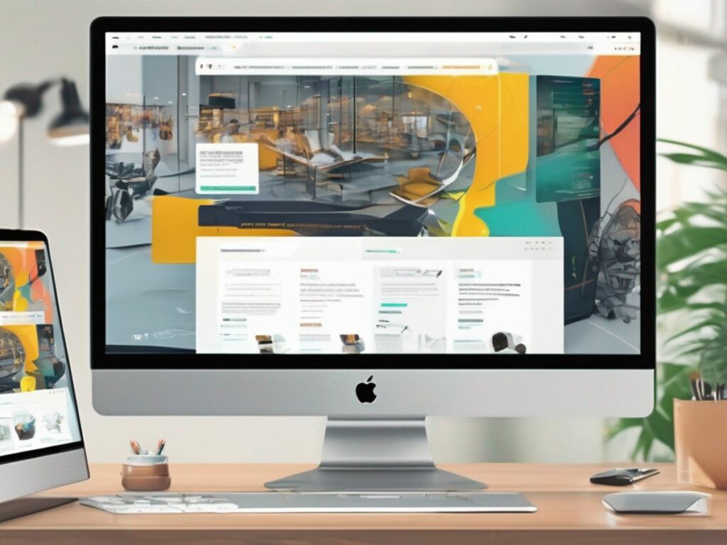 modern website design on computer screen with creative team discussing in background