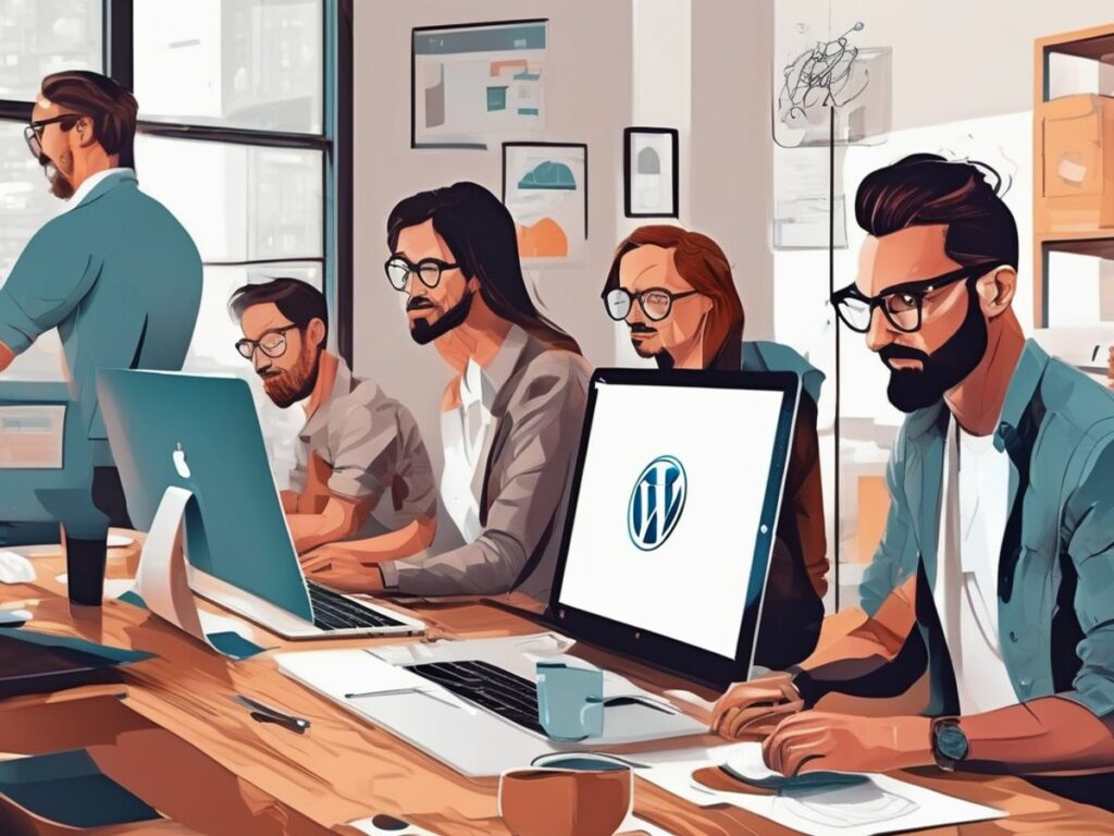 professional web designers working on WordPress in a modern office